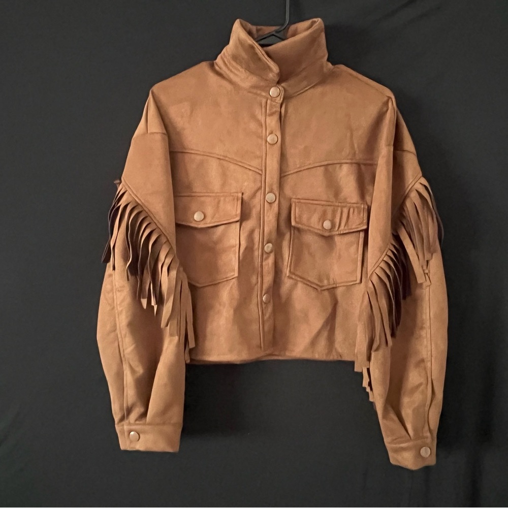 Chic Tan Jacket with Fringe
